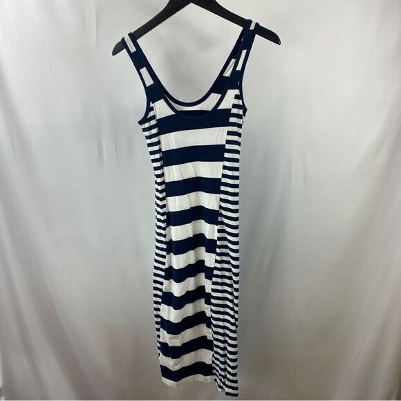 FRENCH CONNECTION Women NAVY BLUE & WHITE FUN STRIPED LONG MAXI DRESs Size 4 EUC - Picture 1 of 10